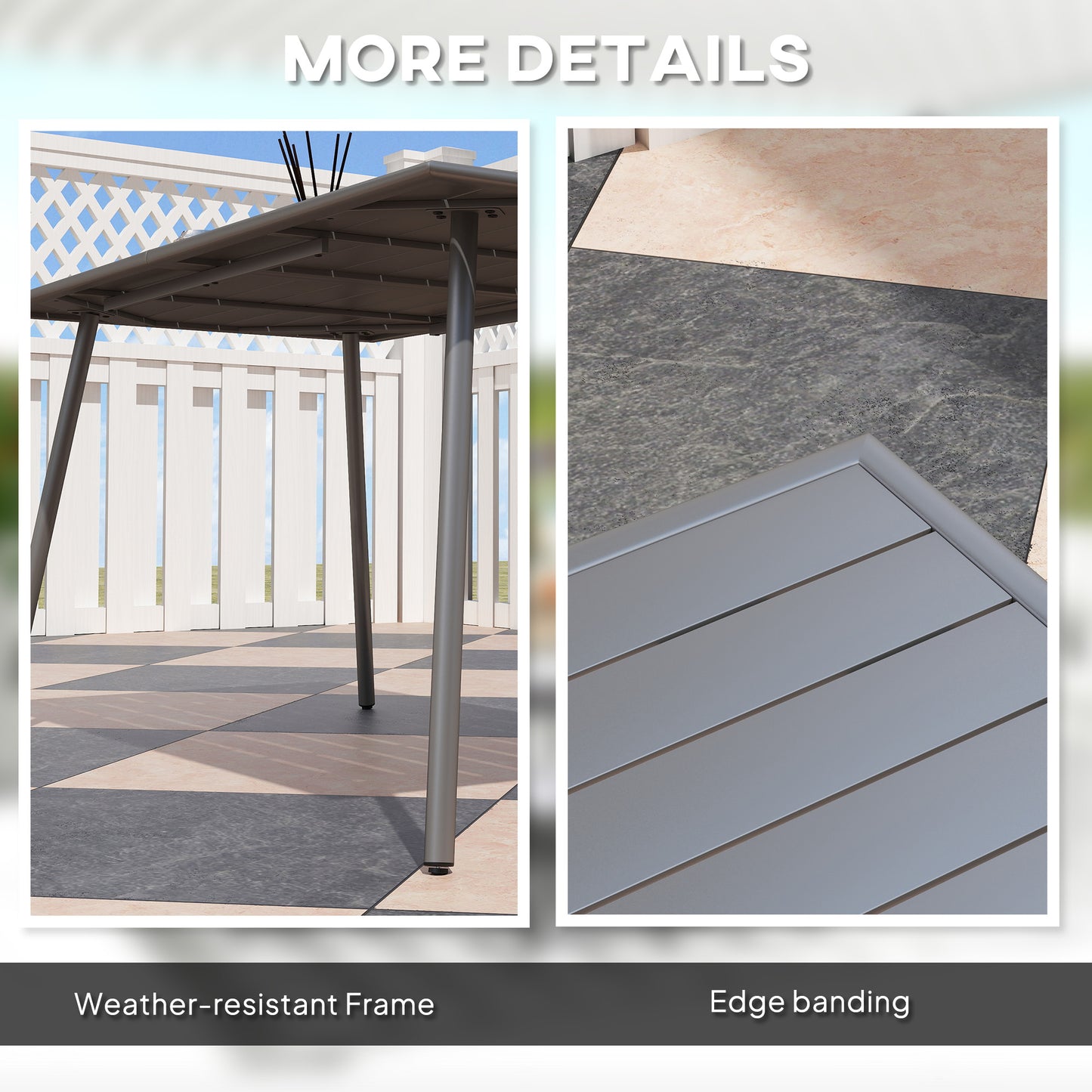 Garden Table for 6 Person with Slat Top, Steel Frame, Grey