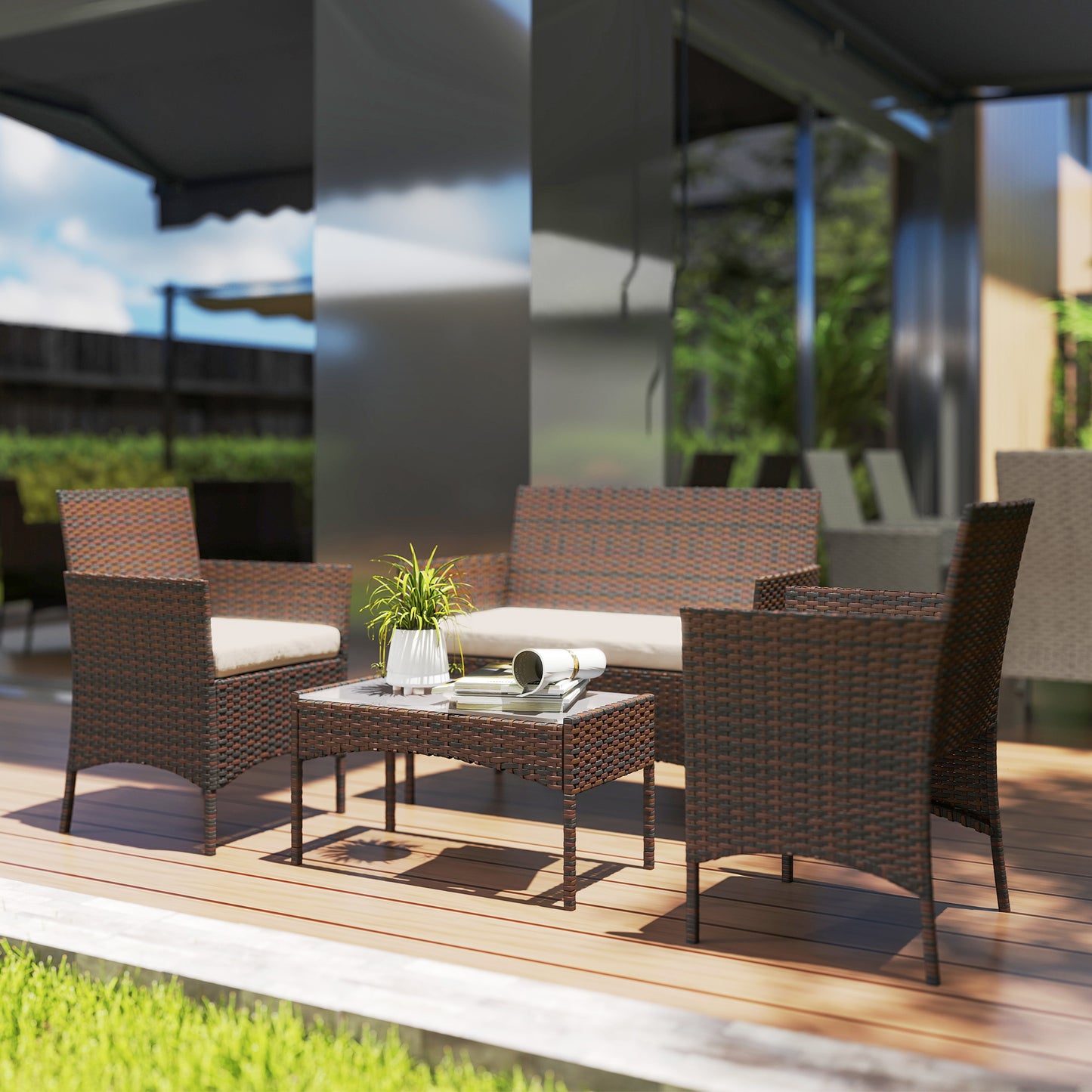 4 Piece Rattan Garden Furniture Sofa Set with Cushions, Brown