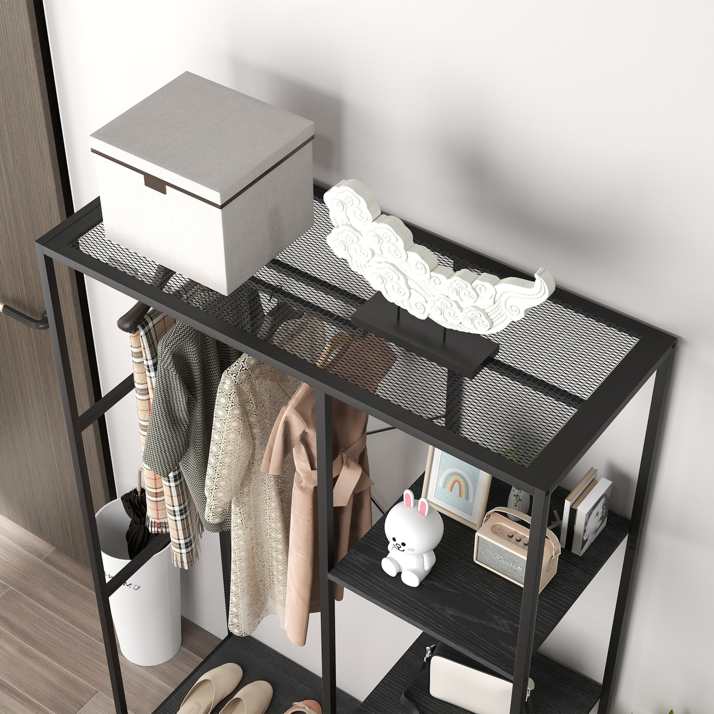 Coat Rack Stand with Hanging Rail and Storage Shelves for Hallway Black
