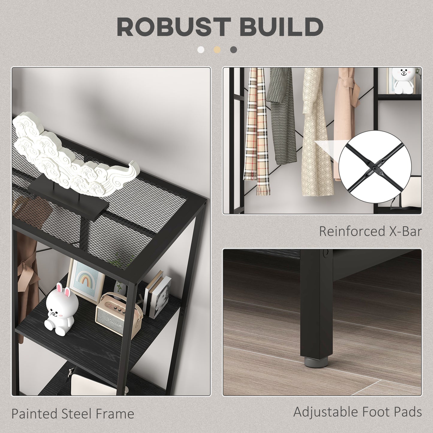 Coat Rack Stand with Hanging Rail and Storage Shelves for Hallway Black