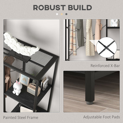 Coat Rack Stand with Hanging Rail and Storage Shelves for Hallway Black