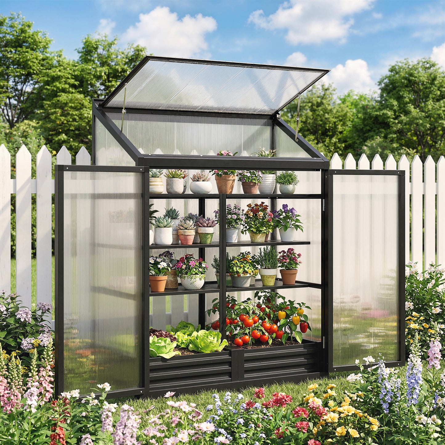 Polycarbonate Greenhouse with Door, Aluminium Walk-in Greenhouse