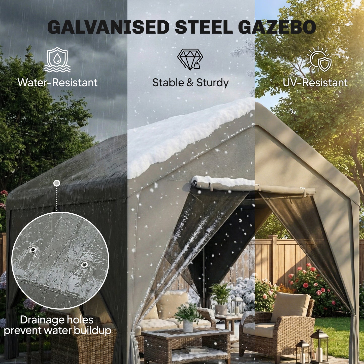 3 x 3 m Outdoor Patio Gazebo with Netting and Curtains, Dark Grey