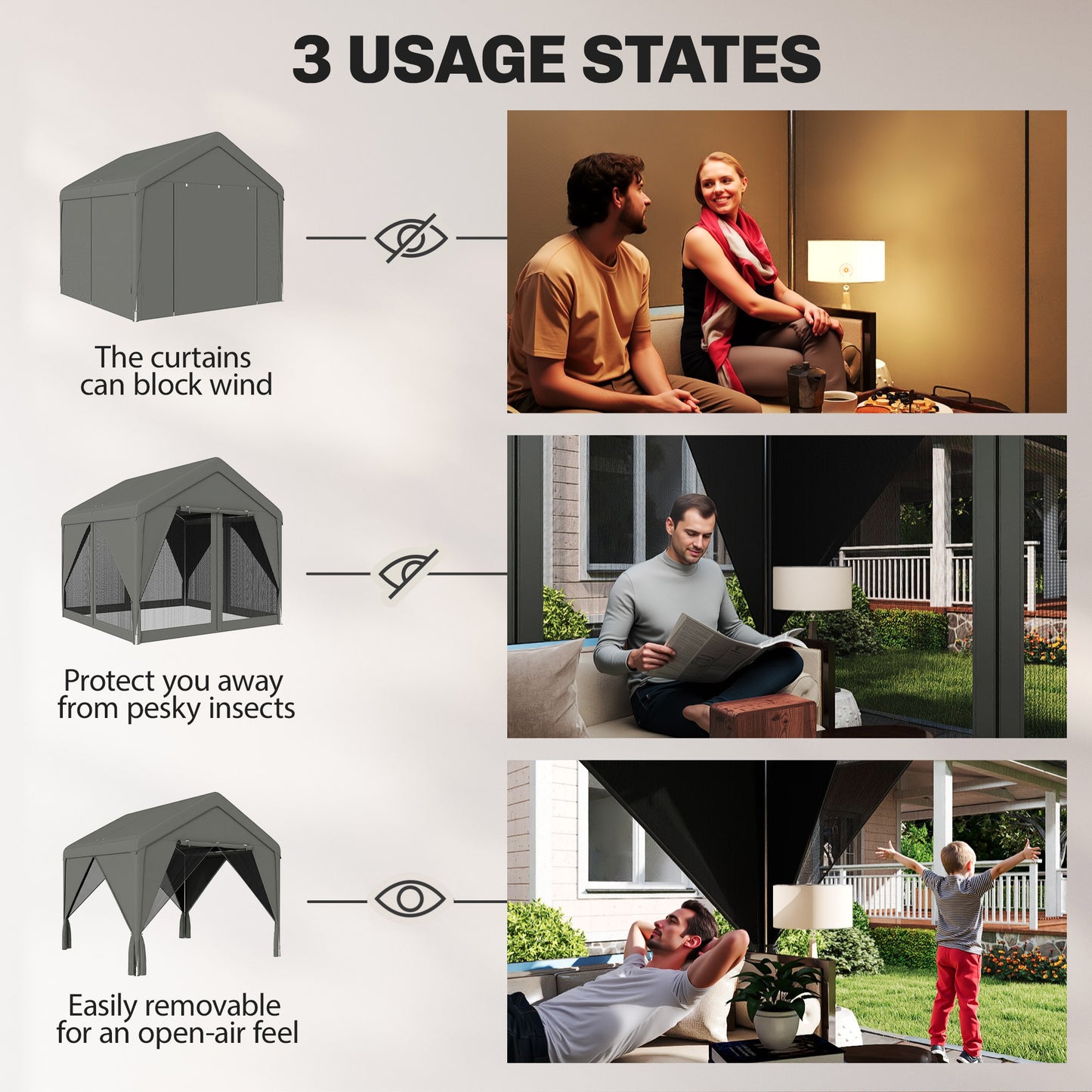 3 x 3 m Outdoor Patio Gazebo with Netting and Curtains, Dark Grey