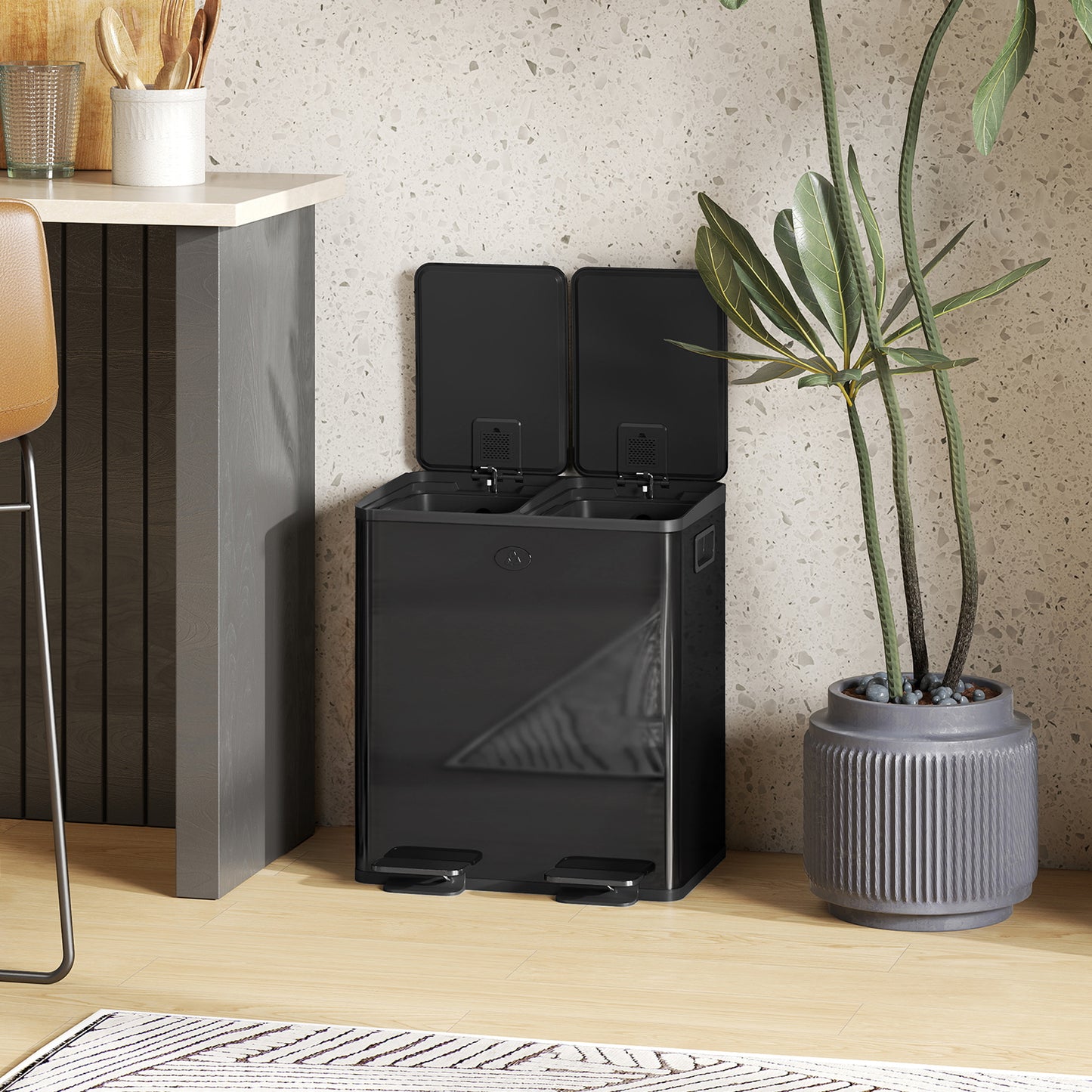 2 x 20L Dual Kitchen Bin Pedal Bin for Recycling and Waste, Black