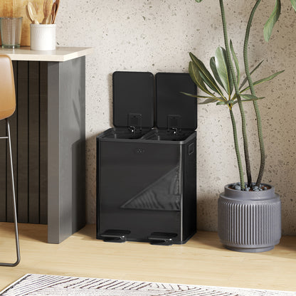 2 x 20L Dual Kitchen Bin Pedal Bin for Recycling and Waste, Black