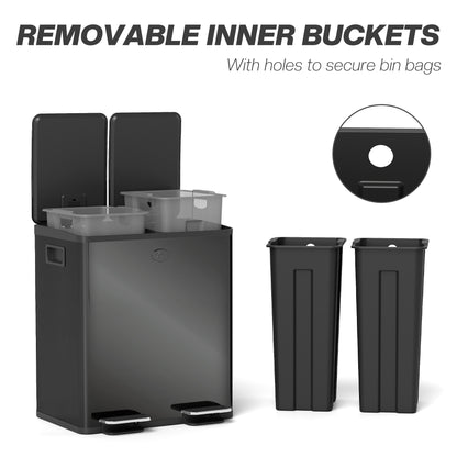 2 x 20L Dual Kitchen Bin Pedal Bin for Recycling and Waste, Black