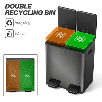 2 x 20L Dual Kitchen Bin Pedal Bin for Recycling and Waste, Black