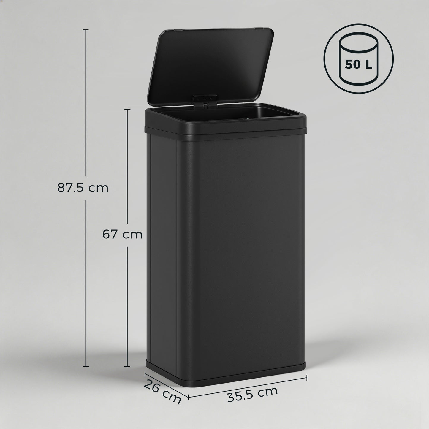 50L Sensor Bin with Quiet Soft-Close Lid, Automatic Touchless Motion Sensor Kitchen Bin with Fingerprint Resistant Stainless Steel for Hygienic Gyms, Home Office Use, Black