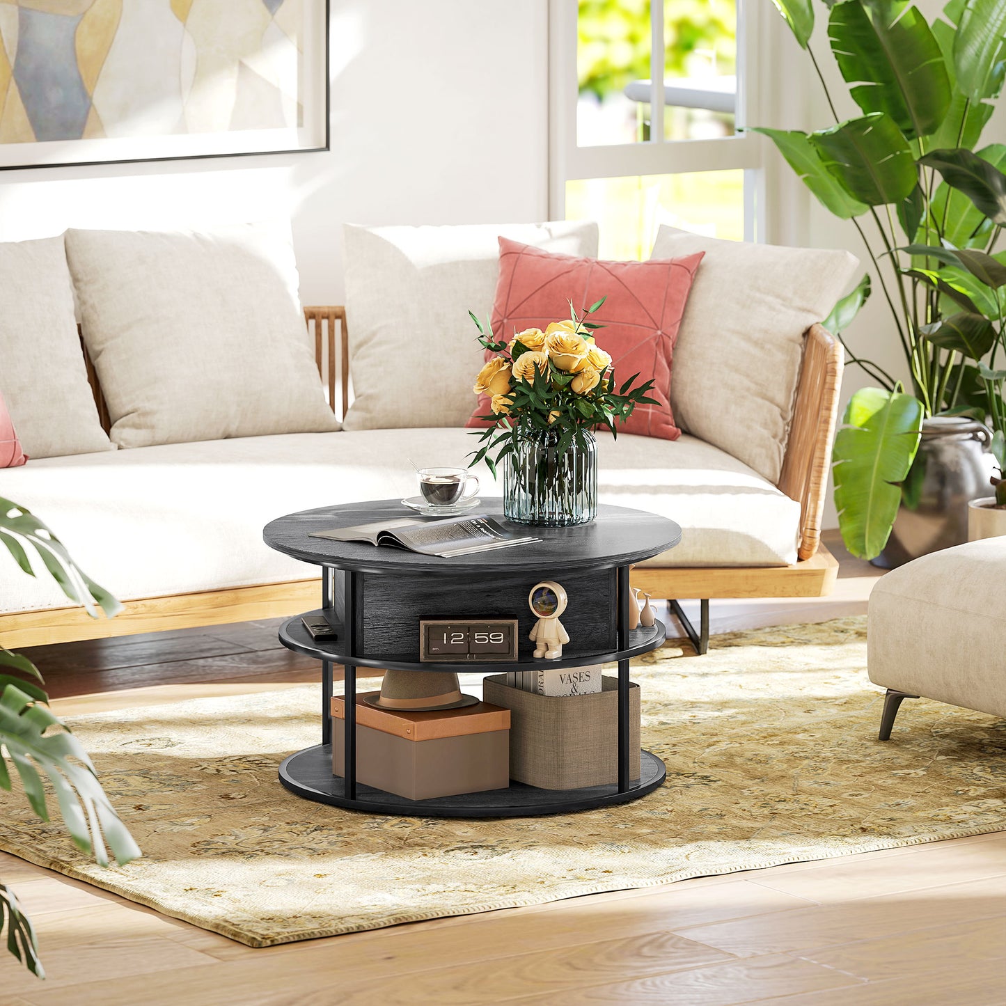 Lift Top Coffee Table, Round Coffee Table with Hidden Storage, Grey
