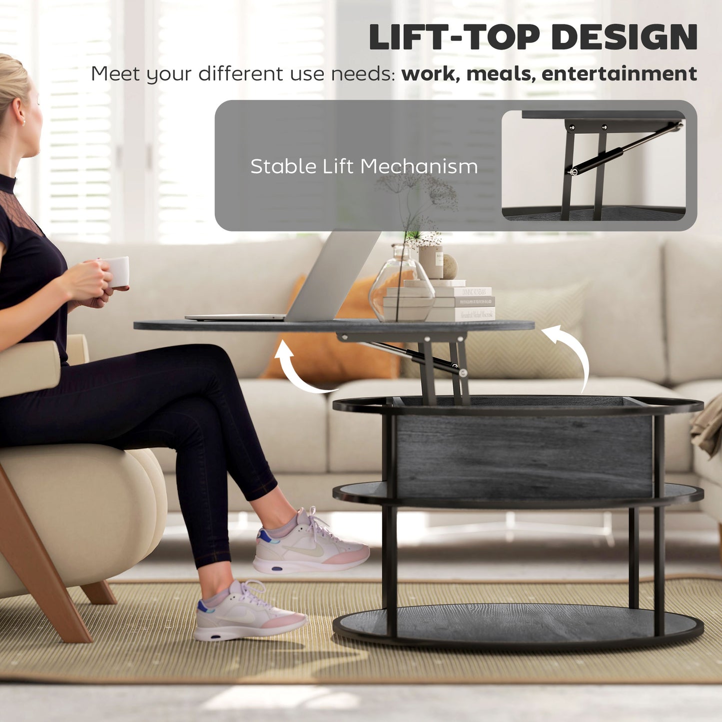 Lift Top Coffee Table, Round Coffee Table with Hidden Storage, Grey