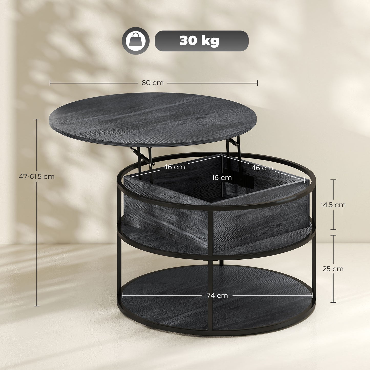 Lift Top Coffee Table, Round Coffee Table with Hidden Storage, Grey
