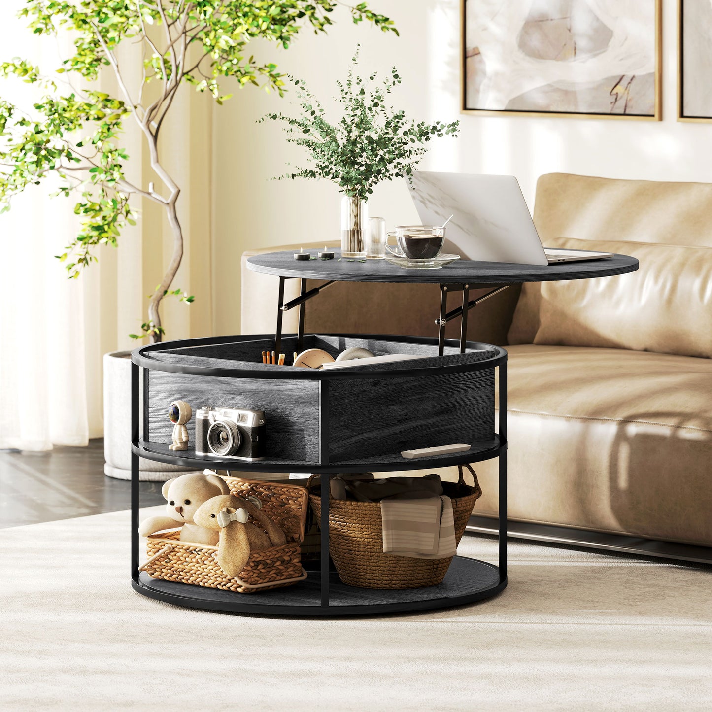Lift Top Coffee Table, Round Coffee Table with Hidden Storage, Grey