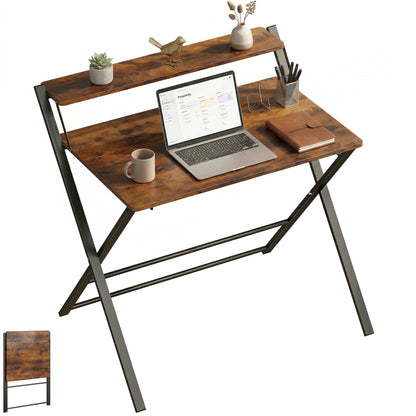 Folding Desk with 2-Tier Shelf for Home Office, Rustic Brown