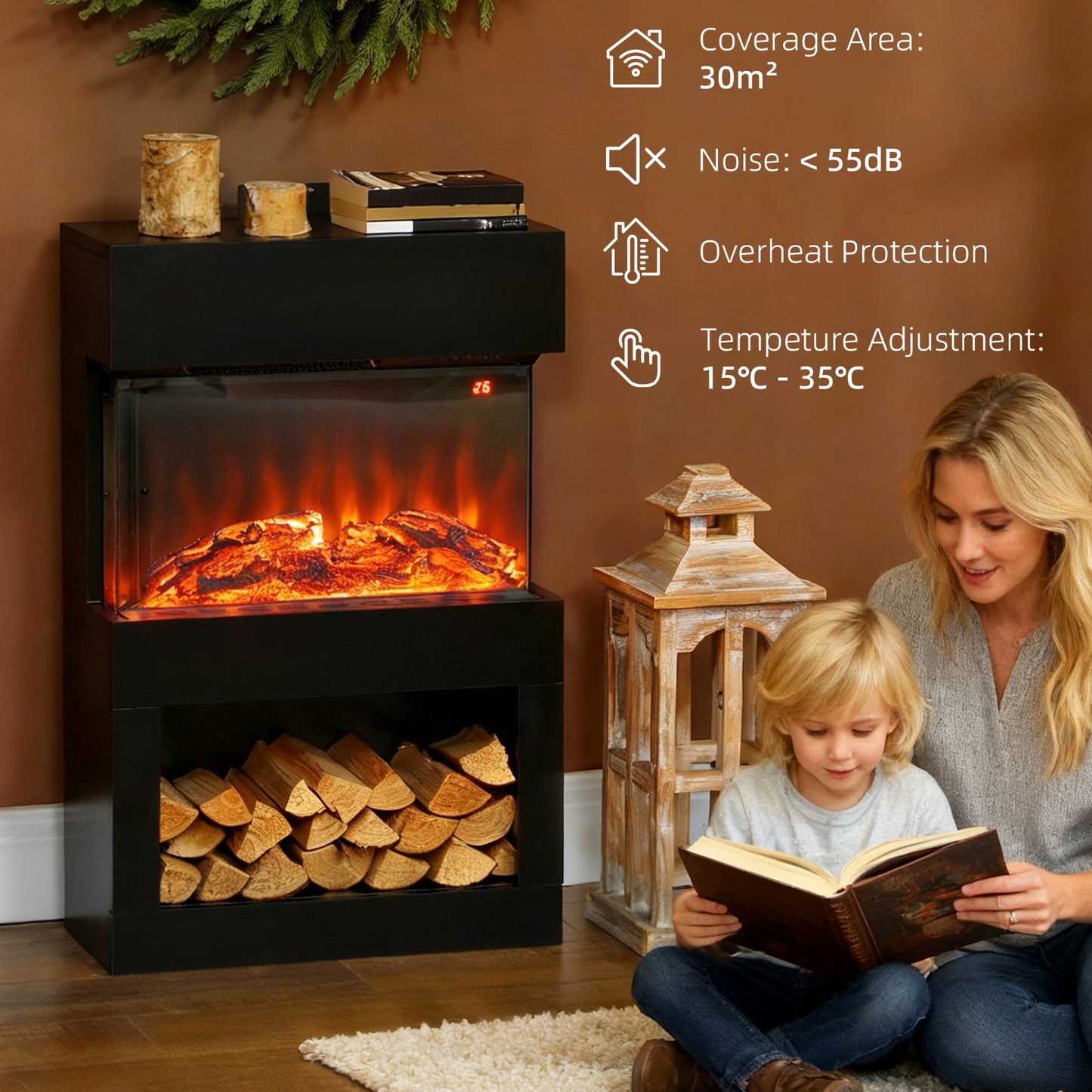 1000W/2000W Electric Fire and Mantel with Remote & Timer, Black