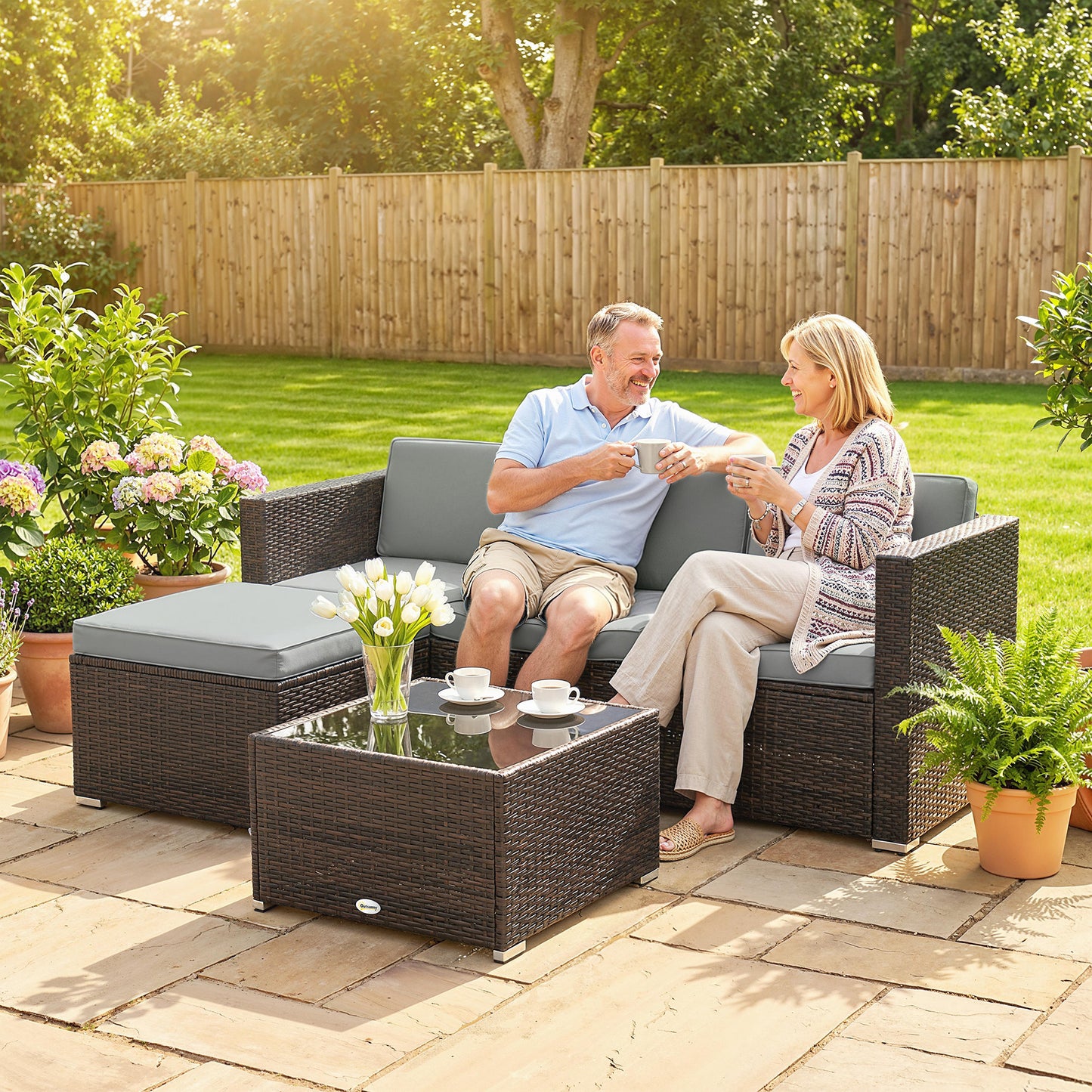 Garden Furniture Set w/ Padded Cushions Corner Sofa Set, Light Grey