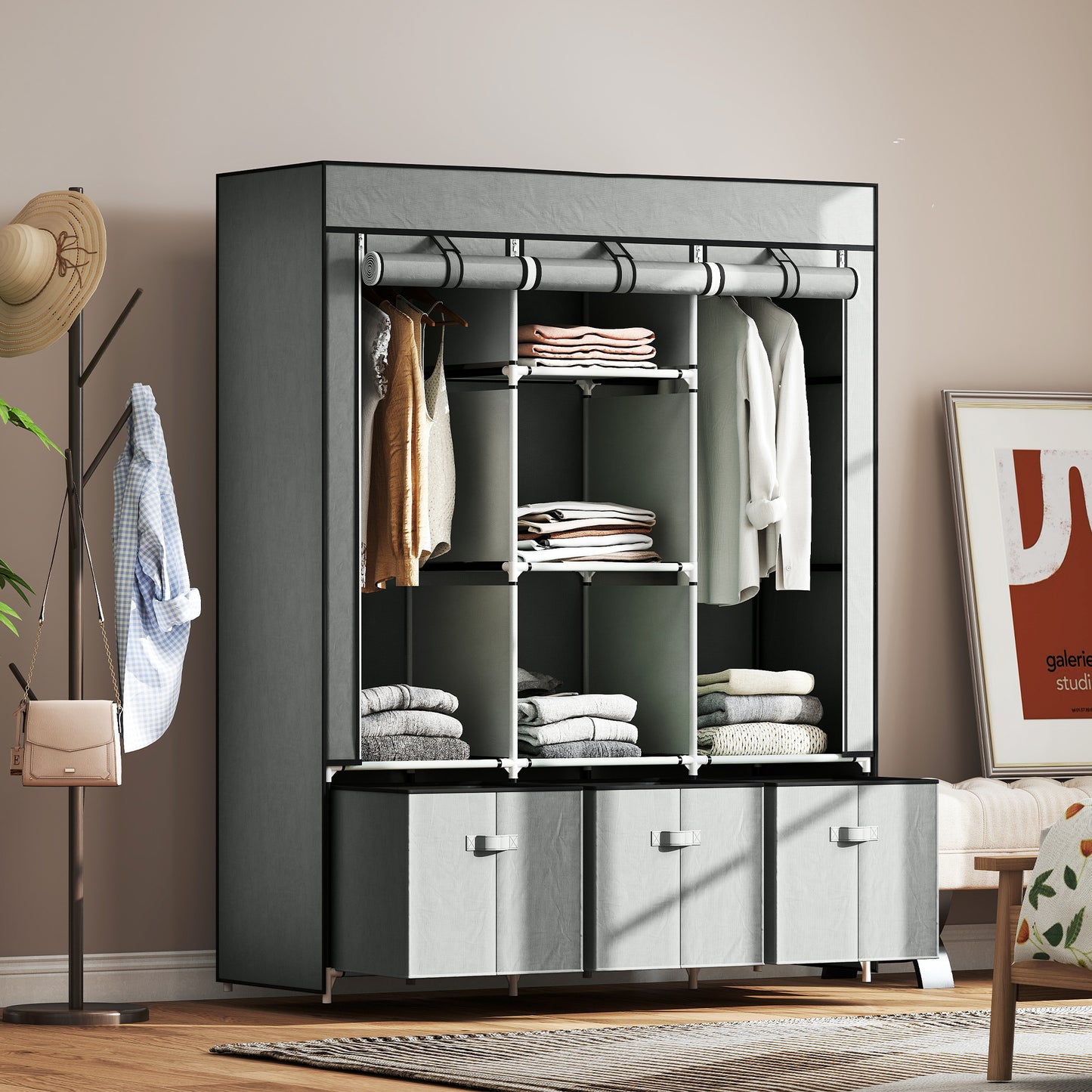 Portable Wardrobe w/ 5 Shelves 3 Fabric Drawers and 2 Hanging Rails Grey