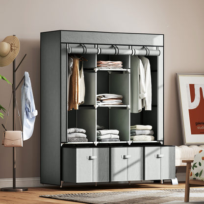 Portable Wardrobe w/ 5 Shelves 3 Fabric Drawers and 2 Hanging Rails Grey