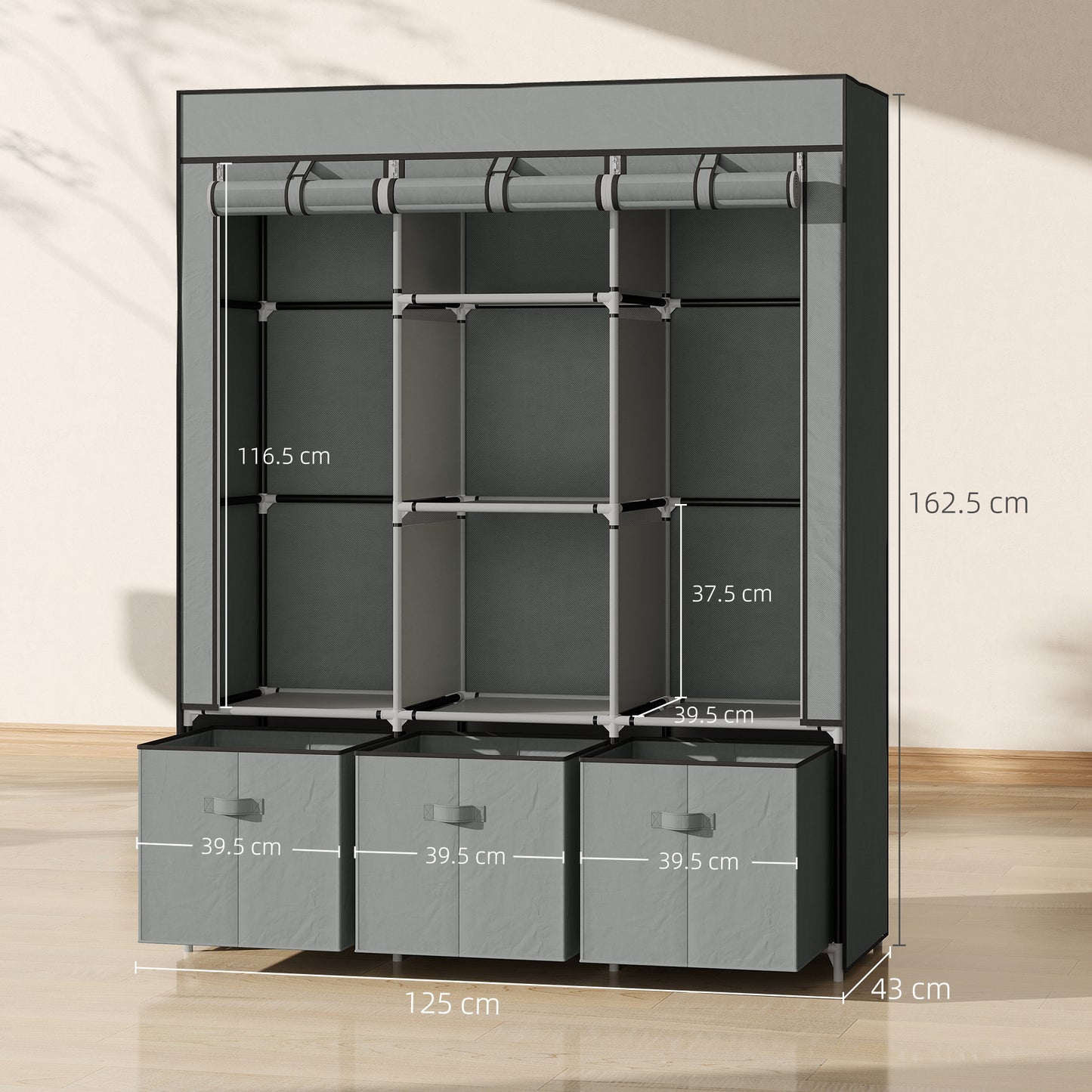 Portable Wardrobe w/ 5 Shelves 3 Fabric Drawers and 2 Hanging Rails Grey