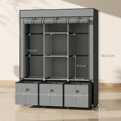 Portable Wardrobe w/ 5 Shelves 3 Fabric Drawers and 2 Hanging Rails Grey