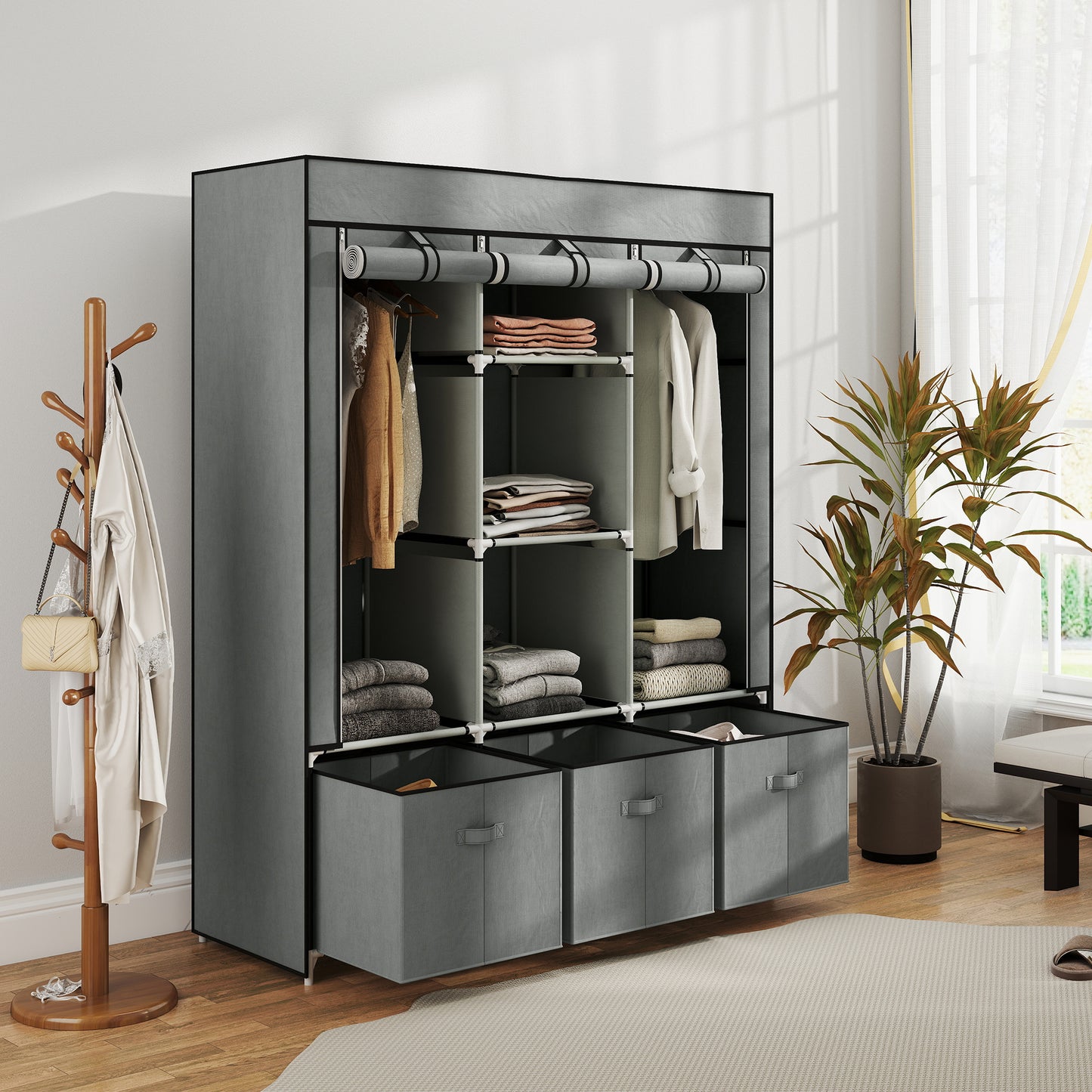 Portable Wardrobe w/ 5 Shelves 3 Fabric Drawers and 2 Hanging Rails Grey