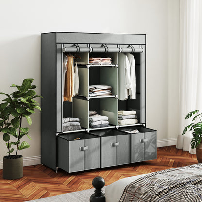 Portable Wardrobe w/ 5 Shelves 3 Fabric Drawers and 2 Hanging Rails Grey