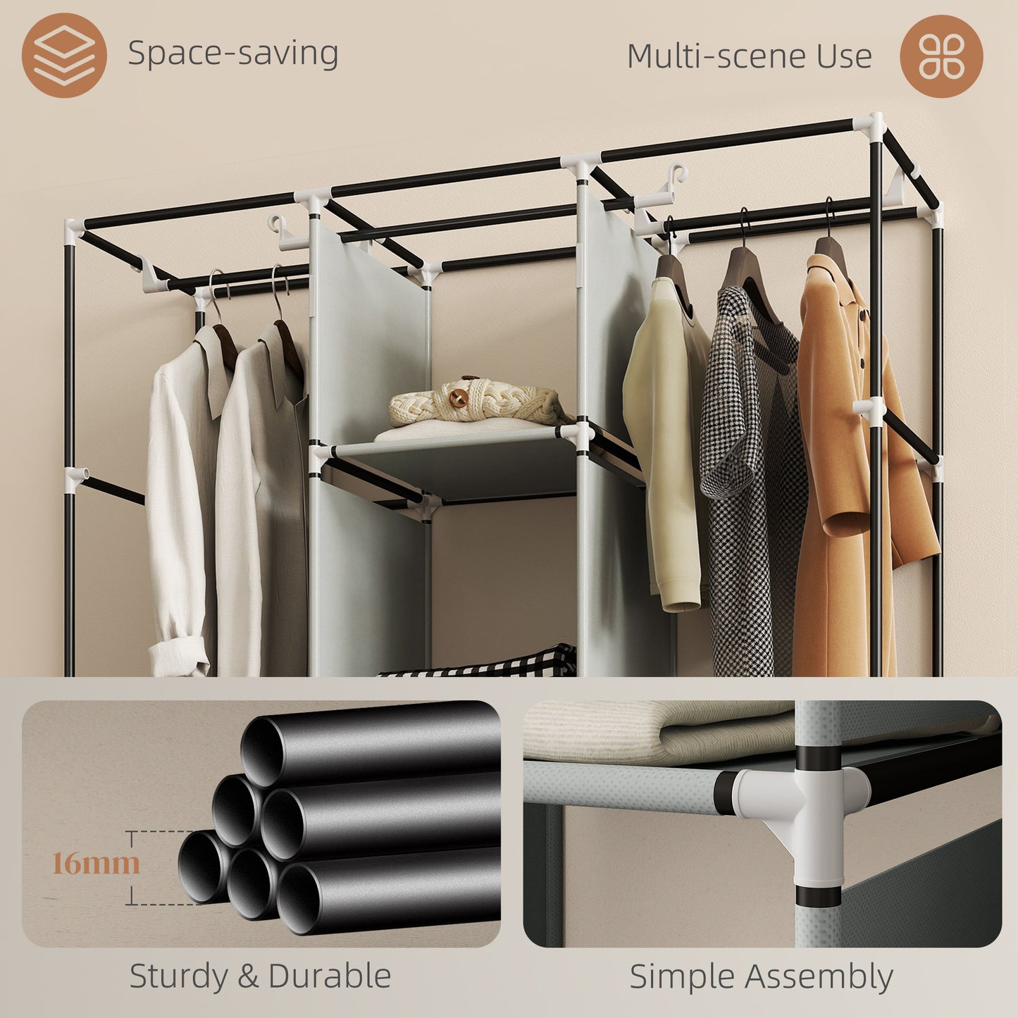 Portable Wardrobe w/ 5 Shelves 3 Fabric Drawers and 2 Hanging Rails Grey
