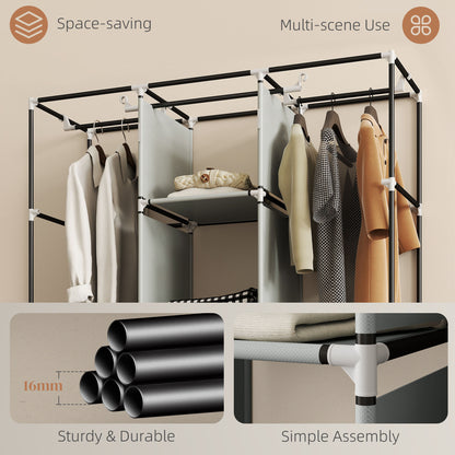 Portable Wardrobe w/ 5 Shelves 3 Fabric Drawers and 2 Hanging Rails Grey