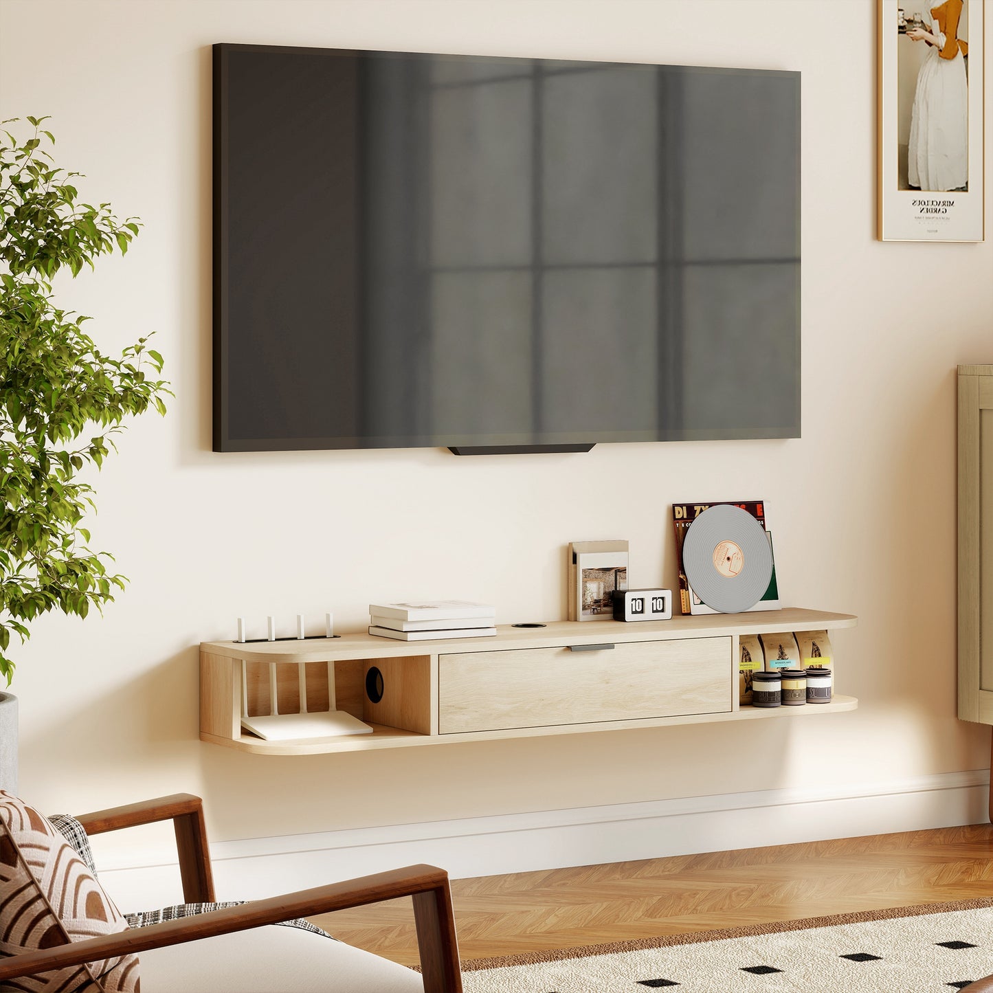 120 cm Floating TV Unit with Flip Drawer and Shelves, Natural