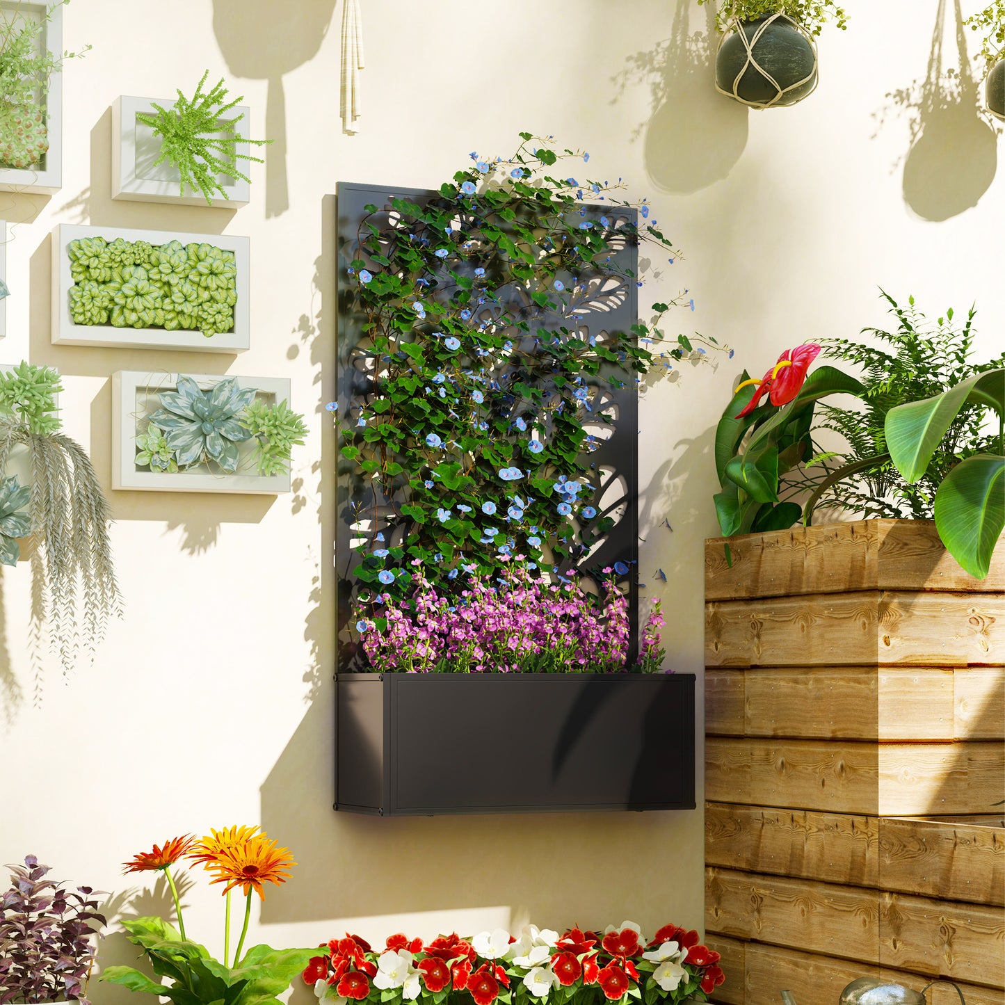 Metal Raised Garden Bed with Trellis, Outdoor Elevated Planter Box