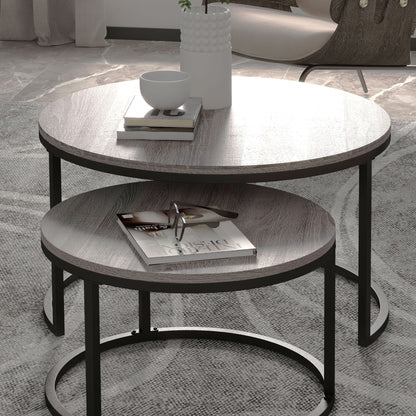 2 Pcs Stacking Coffee Table Set Steel Frame Wood Effect Top Foot Pads