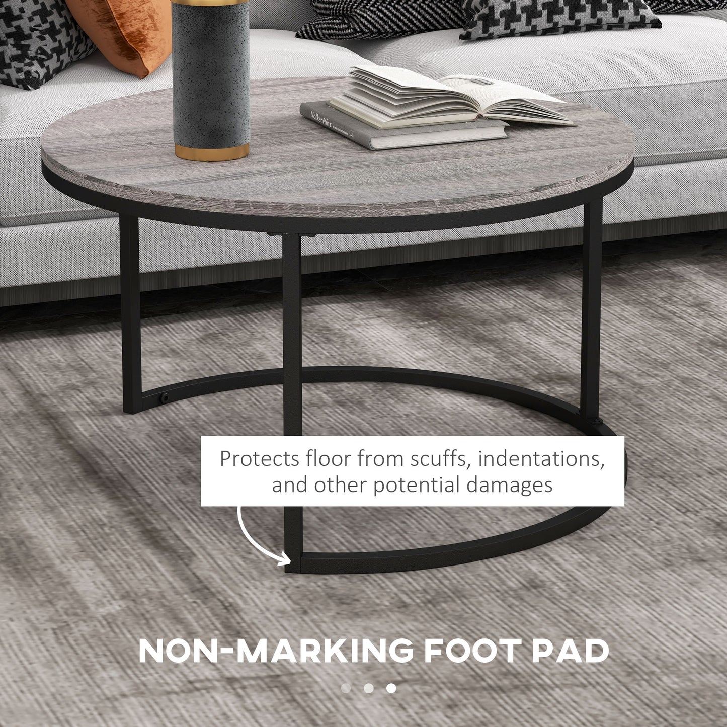 2 Pcs Stacking Coffee Table Set Steel Frame Wood Effect Top Foot Pads