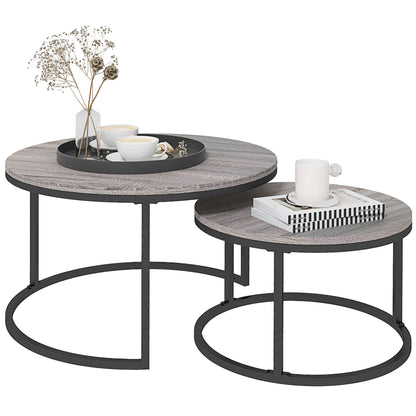 2 Pcs Stacking Coffee Table Set Steel Frame Wood Effect Top Foot Pads
