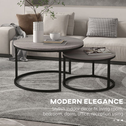 2 Pcs Stacking Coffee Table Set Steel Frame Wood Effect Top Foot Pads