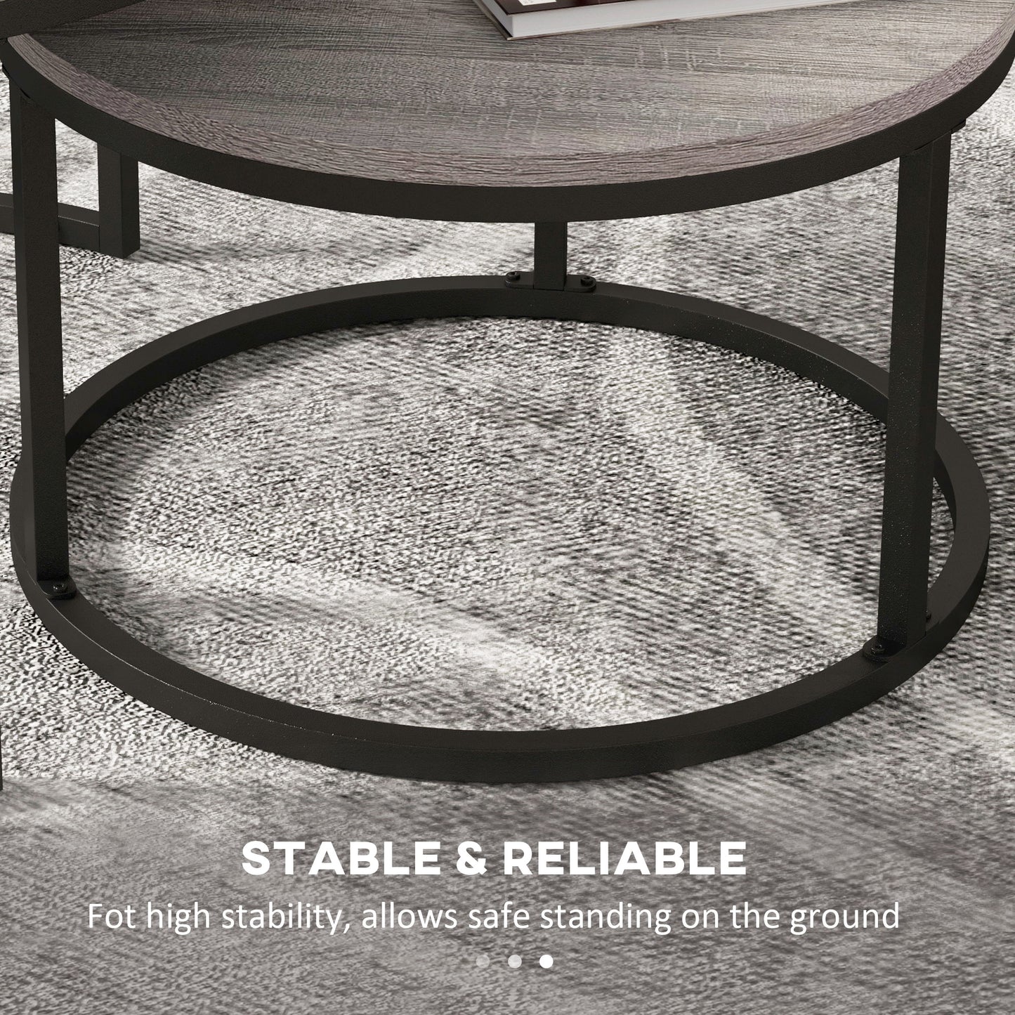 2 Pcs Stacking Coffee Table Set Steel Frame Wood Effect Top Foot Pads