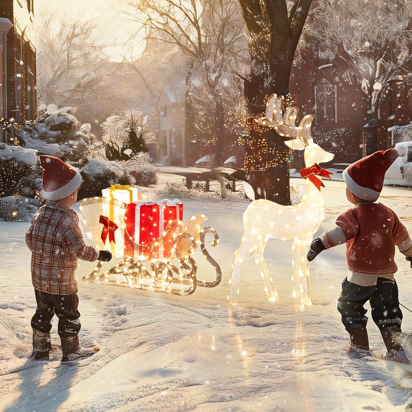 Lighted Christmas Decoration, Outdoor Light Up Deer and Sleigh