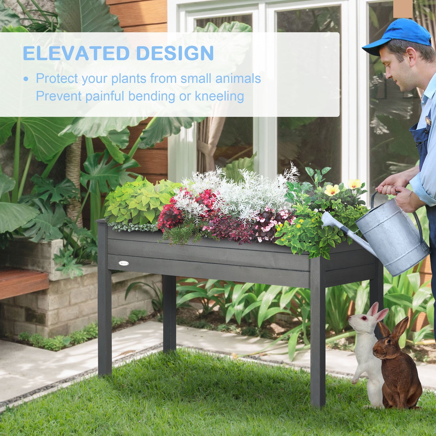 Garden Wooden Planter Flower Raised Bed, Dark Grey