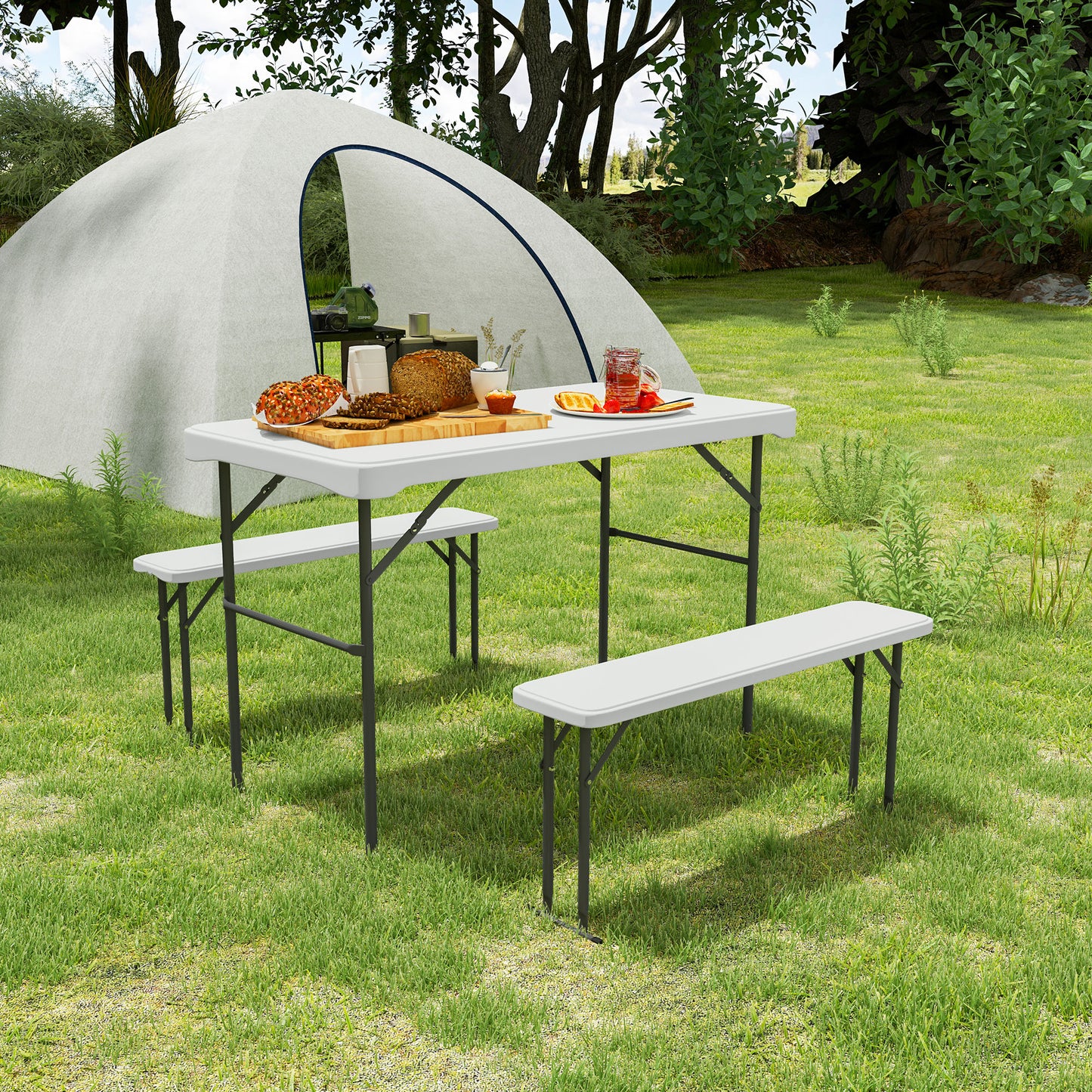 3 Piece Folding Picnic Table and Bench Set w/ Handle, Light Grey
