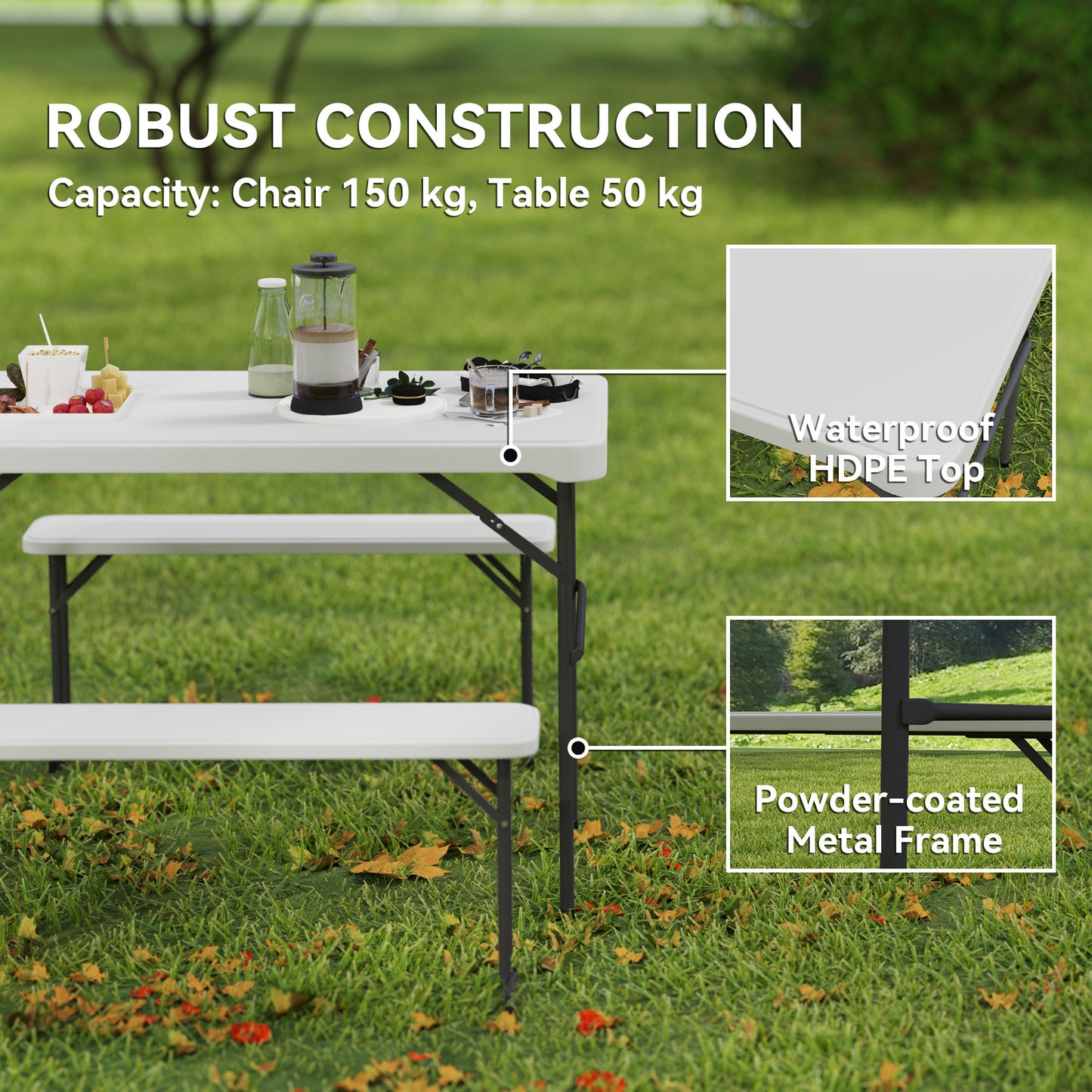 3 Piece Folding Picnic Table and Bench Set w/ Handle, Light Grey