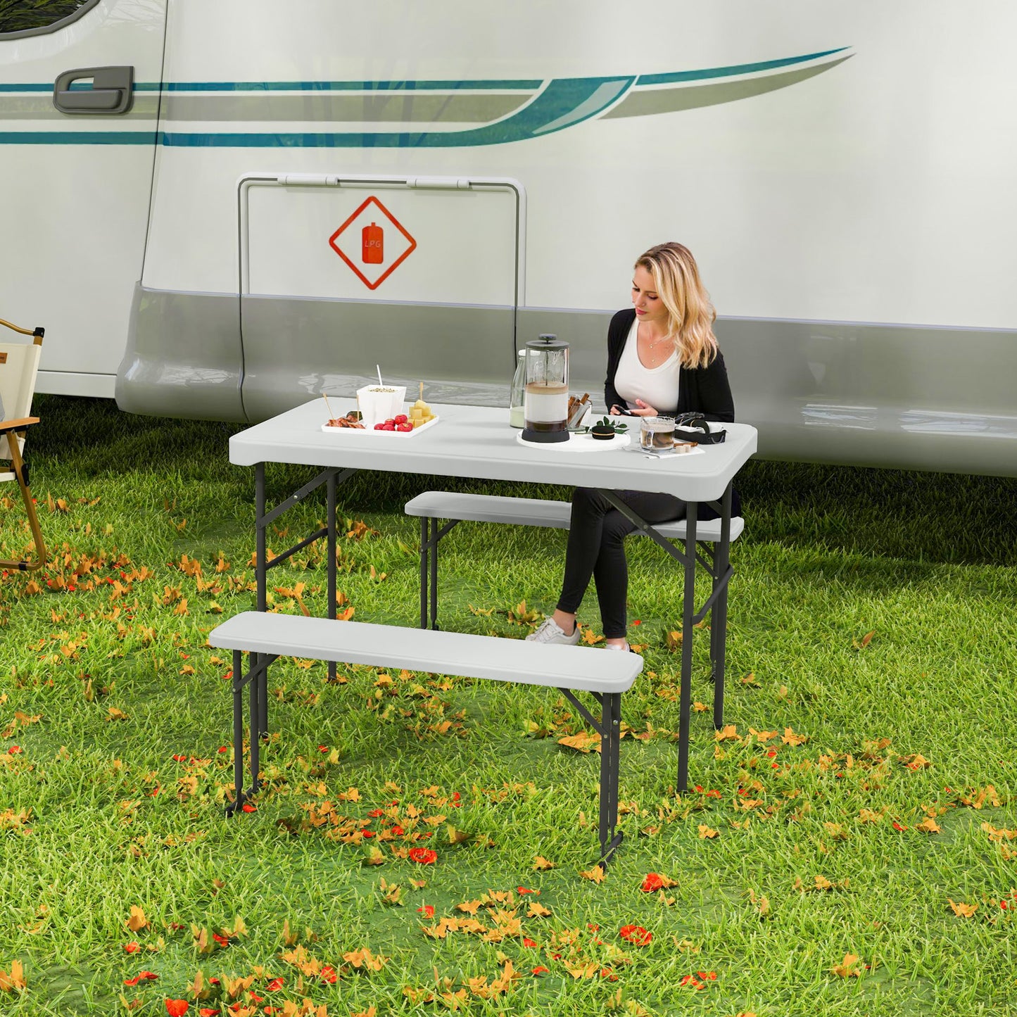 3 Piece Folding Picnic Table and Bench Set w/ Handle, Light Grey