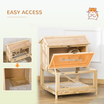Wooden Hamster Cage w/ Tray, Running Wheel, Seesaw, Ladder - Natural