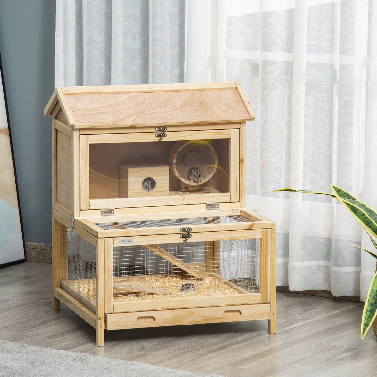 Wooden Hamster Cage w/ Tray, Running Wheel, Seesaw, Ladder - Natural