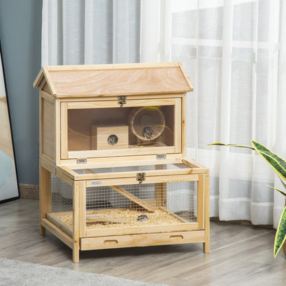 Wooden Hamster Cage w/ Tray, Running Wheel, Seesaw, Ladder - Natural