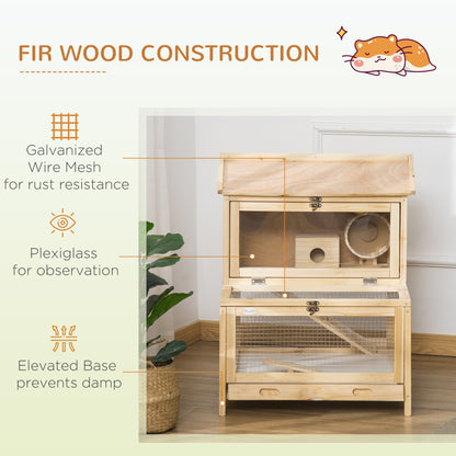 Wooden Hamster Cage w/ Tray, Running Wheel, Seesaw, Ladder - Natural