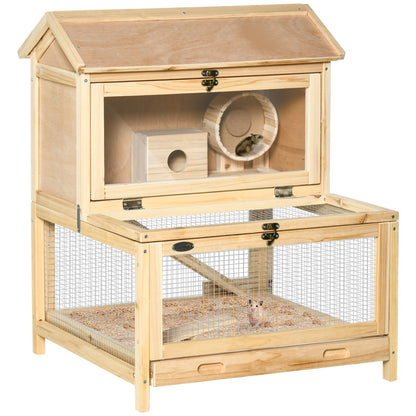 Wooden Hamster Cage w/ Tray, Running Wheel, Seesaw, Ladder - Natural