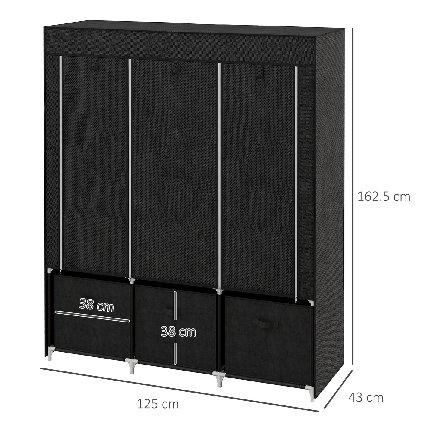 Portable Fabric Wardrobe with 5 Shelves and 3 Fabric Drawers, Black