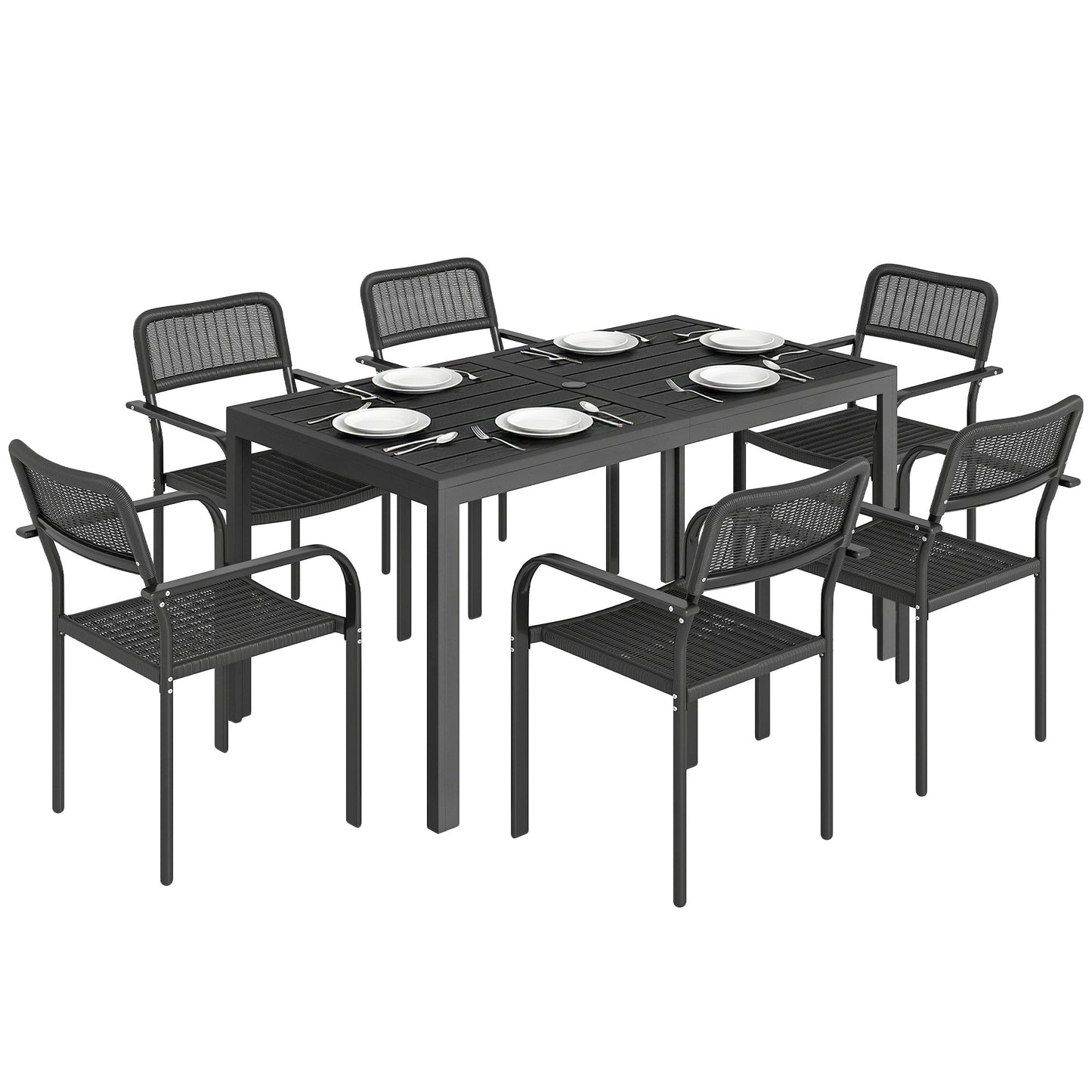 Garden Dining Set with Umbrella Hole for 6 People, Black
