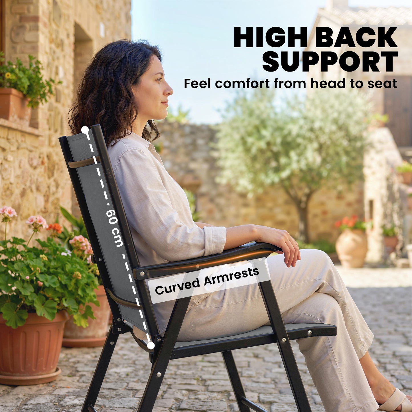 Folding Garden Chairs Set of 4 with High Back, Armrests, Light Grey