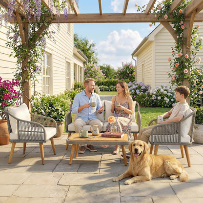 4 Piece Rattan Garden Furniture Set w/ Thick Cushions, Cream White