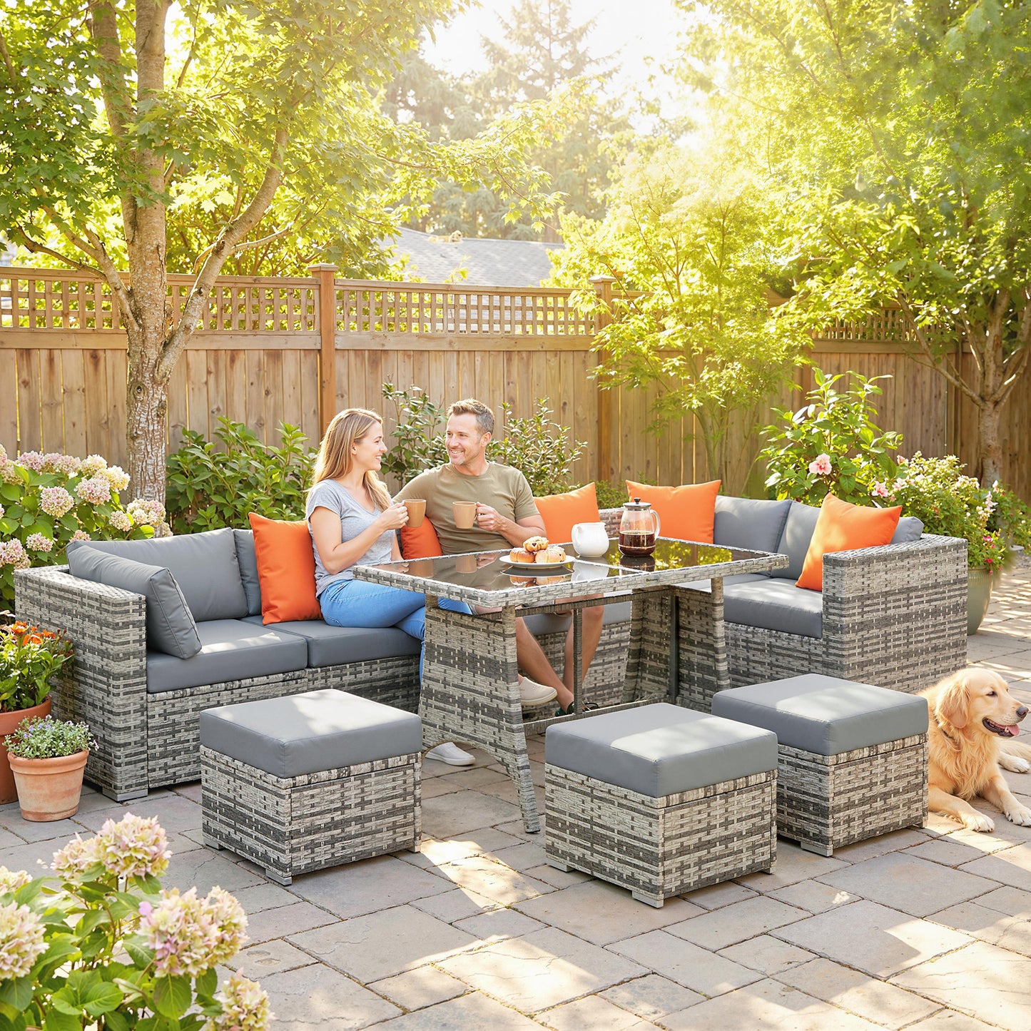 10 Piece Rattan Garden Furniture Set, 2 Corner Sofas with 4 Chairs, 4 Stools and Coffee Table, Outdoor Patio Furniture